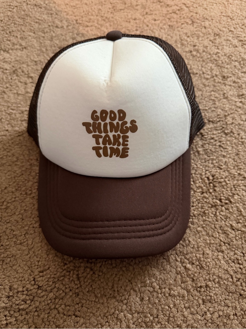 SHEIN Brown and White 'Good Things Take Time' Trucker Hat - Picture 1 of 2
